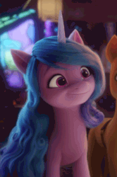 Size: 718x1080 | Tagged: safe, imported from derpibooru, screencap, hitch trailblazer, izzy moonbow, earth pony, pony, unicorn, spoiler:my little pony: a new generation, animated, blinking, cropped, cute, duo, female, g5, gif, horn, izzybetes, looking up, male, mare, my little pony: a new generation, offscreen character, smiling, solo focus, stallion