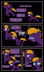 Size: 1920x3169 | Tagged: safe, artist:alexdti, imported from derpibooru, oc, oc only, oc:dark purple, oc:purple creativity, pegasus, pony, comic:quest for friendship, angry, blue eyes, comic, crying, dialogue, duo, ears back, eyes closed, female, floppy ears, flying, folded wings, glasses, grin, high res, hooves, looking at someone, looking back, male, mare, open mouth, open smile, pegasus oc, r63 paradox, rule 63, running, sad, self paradox, self ponidox, shrunken pupils, smiling, speech bubble, spread wings, stallion, wings, wings down, yelling