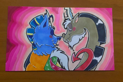 Size: 2048x1372 | Tagged: safe, artist:wulfums, imported from derpibooru, discord, oc, oc:wulfy, draconequus, boop, canon x oc, draconequus oc, gay, male, marker drawing, noseboop, shipping, traditional art