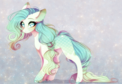 Size: 3026x2100 | Tagged: safe, artist:krissstudios, imported from derpibooru, oc, hybrid, kirin, pony, abstract background, blue eyes, braided tail, colored hooves, ears back, female, gradient mane, high res, long tail, looking at you, multicolored hair, solo, standing, tail, white coat