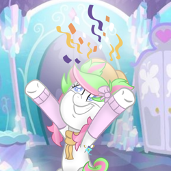 Size: 1280x1280 | Tagged: safe, artist:dazzle_ribbon, imported from derpibooru, oc, oc:rosie crystal hoove, earth pony, pony, clothes, crystal, crystal empire, female, happy, room, scarf, smiling, solo