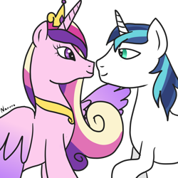 Size: 1024x1024 | Tagged: safe, artist:wrath-marionphauna, imported from derpibooru, princess cadance, shining armor, alicorn, pony, unicorn, crown, digital art, female, jewelry, looking at each other, looking at someone, male, mare, regalia, shiningcadance, shipping, simple background, smiling, smiling at each other, stallion, straight, transparent background, wing hands, wings