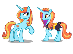 Size: 1280x960 | Tagged: safe, artist:lil' pegasus, imported from derpibooru, fleur-de-lis, sassy saddles, pony, unicorn, duo, duo female, eyeshadow, female, frown, full body, grin, hooves, horn, lidded eyes, makeup, mare, raised hoof, recolor, shadow, simple background, smiling, standing, surprised, tail, transparent background, two toned mane, two toned tail