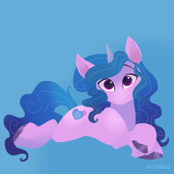 Size: 2048x2048 | Tagged: safe, artist:pfeffaroo, imported from derpibooru, izzy moonbow, pony, unicorn, blue background, full body, g5, looking at you, lying down, my little pony: a new generation, prone, simple background, smiling, solo