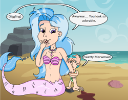 Size: 1238x970 | Tagged: safe, artist:ocean lover, imported from derpibooru, coral currents, silverstream, human, mermaid, starfish, baby, beach, belly button, bra, breasts, covering mouth, cute, daaaaaaaaaaaw, disney style, eyes closed, fish tail, giggling, hug, humanized, jewelry, lips, mermaid tail, mermaidized, midriff, necklace, ocean, pearl necklace, purple eyes, rock, sand, seashell, seashell bra, simple background, sitting, smiling, species swap, tail, text, water, wave, word bubble