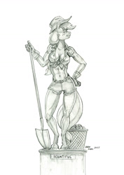 Size: 950x1345 | Tagged: safe, artist:baron engel, imported from derpibooru, applejack, anthro, earth pony, unguligrade anthro, abs, breasts, busty applejack, female, mare, monochrome, pencil drawing, simple background, solo, statue, traditional art, white background