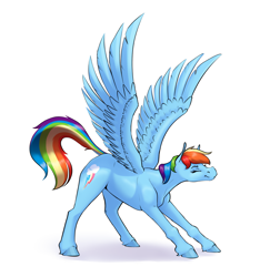 Size: 2792x2877 | Tagged: safe, artist:aquaticvibes, imported from derpibooru, rainbow dash, pegasus, pony, eyes closed, female, iwtcird, mare, meme, realistic horse legs, simple background, smiling, solo, spread wings, stretching, white background, wings