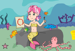 Size: 1648x1120 | Tagged: safe, artist:ocean lover, imported from derpibooru, kettle corn, fish, mermaid, octopus, seahorse, starfish, amazed, bandeau, belly button, child, circle, cute, disney style, fish tail, human coloration, humanized, kelp, kettlebetes, looking at you, mermaid tail, mermaidized, midriff, paint, paintbrush, painting, paper, ribbon, sitting, species swap, tail, underwater