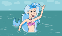 Size: 1396x826 | Tagged: safe, artist:ocean lover, imported from derpibooru, silverstream, mermaid, belly button, bra, disney, disney style, fins, fish tail, goodbye, human coloration, humanized, jewelry, lips, mermaid tail, mermaidized, midriff, necklace, ocean, open mouth, pearl necklace, purple eyes, reference, seashell bra, solo, species swap, tail, the little mermaid, water, wave, waving