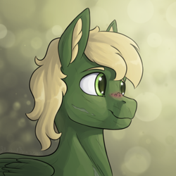 Size: 2000x2000 | Tagged: safe, artist:stardustspix, imported from derpibooru, oc, oc only, oc:murky, pegasus, pony, fallout equestria, fallout equestria: murky number seven, abstract background, bust, ear fluff, fanfic art, looking sideways, scar, smiling, solo, wings