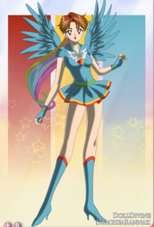 Size: 455x668 | Tagged: safe, artist:lannamisho, imported from derpibooru, rainbow dash, human, 2012, anime, boots, clothes, high heel boots, humanized, miniskirt, sailor moon, sailor rainbow dash, sailor scout, shoes, skirt, solo, wings