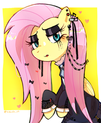 Size: 1923x2352 | Tagged: safe, artist:fuyugi, imported from derpibooru, fluttershy, pegasus, pony, abstract background, clothes, dress, ear piercing, female, fluttergoth, goth, gothic, hair accessory, lidded eyes, lipstick, mare, piercing, solo