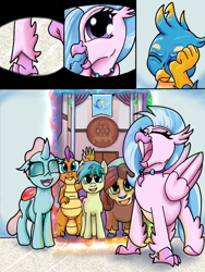 Size: 768x1024 | Tagged: safe, artist:doomfister, artist:mrleft, imported from derpibooru, gallus, ocellus, rarity, sandbar, silverstream, smolder, yona, changeling, dragon, griffon, hippogriff, pony, unicorn, yak, series:school snacks, belly, comic, digestion, dragoness, female, galluspred, male, musical instrument, ocelluspred, rariprey, smolderpred, stallion, story in the source, vore, yonapred