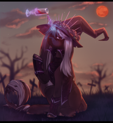 Size: 2034x2200 | Tagged: safe, artist:anku, imported from derpibooru, oc, oc only, pony, unicorn, blood moon, clothes, cuffs (clothes), dead tree, dusk, glass, graveyard, hat, hooves, leonine tail, magic, moon, pouring, sitting, smiling, smirk, solo, tail, tree, unshorn fetlocks, wine glass, witch hat