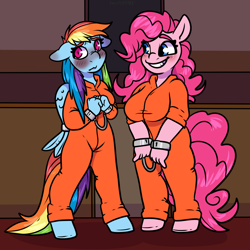 Size: 2000x2000 | Tagged: safe, artist:sexygoatgod, imported from derpibooru, pinkie pie, rainbow dash, anthro, earth pony, pegasus, bound wings, clothes, courtroom, cuffs, duo, female, handcuffed, jumpsuit, looking at each other, looking at someone, looking at you, never doubt rainbowdash69's involvement, prison outfit, prisoner pp, prisoner rd, uniform, wing cuffs, wings