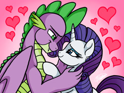 Size: 1920x1440 | Tagged: safe, artist:melspyrose, imported from derpibooru, rarity, spike, dragon, pony, unicorn, dragon x pony, duo, fangs, female, heart, interspecies, looking at each other, looking at someone, male, mare, older, older spike, shipping, smiling, smiling at each other, sparity, straight, winged spike, wings