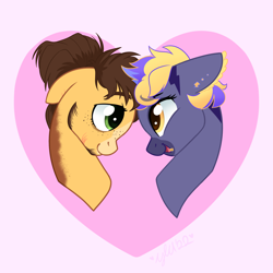 Size: 2048x2048 | Tagged: safe, artist:meowfactor, imported from derpibooru, oc, oc only, oc:golden russet, oc:lightning bolt spectrum, earth pony, pegasus, pony, commission, cute, duo, ear piercing, earring, freckles, gay, heart, holiday, jewelry, lip piercing, looking at each other, looking at someone, male, markings, multicolored hair, nonbinary, oc x oc, offspring, open mouth, parent:applejack, parent:caramel, parent:rainbow dash, parent:soarin', parents:carajack, parents:soarindash, piercing, shipping, stallion, stubble, valentine's day, ych result