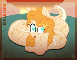 Size: 3600x2800 | Tagged: safe, artist:snakeythingy, imported from derpibooru, pear butter, lamia, monster pony, original species, snake, snake pony, coils, cute, forked tongue, lamiafied, pearabetes, species swap, tongue out