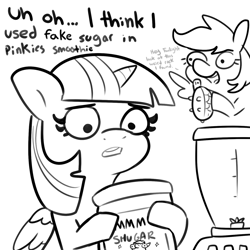 Size: 1440x1440 | Tagged: safe, artist:tjpones, imported from derpibooru, rainbow dash, tank, twilight sparkle, alicorn, pegasus, pony, tortoise, black and white, blender (object), dialogue, duo, fake sugar, female, grayscale, implied cocaine, implied pinkie pie, mare, monochrome, rainbow dumb, simple background, twilight sparkle (alicorn), white background