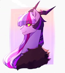 Size: 1008x1141 | Tagged: safe, artist:riukime, imported from derpibooru, oc, oc:jinx, draconequus, hybrid, bust, draconequus oc, female, interspecies offspring, offspring, parent:discord, parent:twilight sparkle, parents:discolight, solo