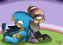 Size: 2061x1480 | Tagged: safe, artist:beesmeliss, imported from derpibooru, gallus, grampa gruff, griffon, chibi