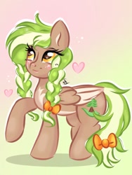 Size: 768x1024 | Tagged: safe, artist:cstrawberrymilk, imported from derpibooru, oc, oc only, oc:sylvia evergreen, pegasus, pony, art trade, blushing, braided pigtails, female, freckles, hair tie, heart, pale belly, pegasus oc, solo, wings