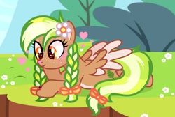 Size: 1610x1080 | Tagged: safe, artist:cstrawberrymilk, imported from derpibooru, oc, oc only, oc:sylvia evergreen, insect, ladybug, pegasus, pony, blushing, braided pigtails, female, flower, flower in hair, freckles, hair tie, heart, lying down, pale belly, pegasus oc, solo, wings