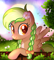 Size: 1080x1208 | Tagged: safe, artist:cstrawberrymilk, imported from derpibooru, oc, oc only, oc:sylvia evergreen, pegasus, pony, blushing, braided pigtails, female, flower, flower in hair, freckles, hair tie, heart, looking at you, pegasus oc, solo, wings