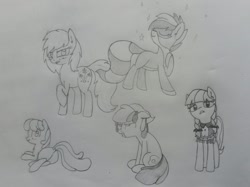 Size: 1280x957 | Tagged: safe, artist:wafflecakes, cheerilee, inky rose, oc, oc:bandy cyoot, earth pony, pony, butt, chest fluff, clothes, disgusted, dock, drawpile, looking back, monochrome, plot, raised hoof, sitting, smiling, traditional art