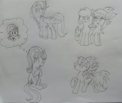 Size: 1280x1073 | Tagged: safe, artist:wafflecakes, cloudchaser, starlight glimmer, oc, earth pony, pegasus, pony, unicorn, butt, clothes, dock, monochrome, open mouth, plot, smiling, spread wings, thought bubble, traditional art, wings