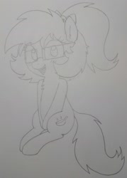 Size: 1280x1788 | Tagged: safe, artist:wafflecakes, oc, oc only, oc:venus spring, earth pony, pony, blushing, braces, chest fluff, glasses, monochrome, simple background, sitting, smiling, traditional art