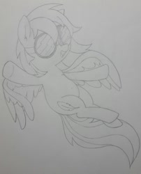Size: 1280x1582 | Tagged: safe, artist:wafflecakes, oc, oc only, pegasus, pony, flying, glasses, monochrome, open mouth, simple background, smiling, spread wings, traditional art, wings