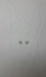 Size: 1134x1920 | Tagged: safe, artist:wafflecakes, applejack, bat pony, pony, ear fluff, hat, large ears, monochrome, simple background, smiling, traditional art