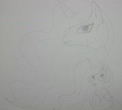 Size: 1280x1158 | Tagged: safe, artist:wafflecakes, princess celestia, alicorn, pony, monochrome, simple background, smiling, tongue out, traditional art