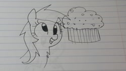 Size: 1280x720 | Tagged: safe, artist:wafflecakes, derpy hooves, pony, food, lined paper, monochrome, muffin, open mouth, smiling, traditional art