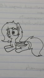 Size: 1080x1920 | Tagged: safe, artist:wafflecakes, oc, oc only, bat pony, pony, lined paper, lying down, monochrome, smiling, tongue out, traditional art