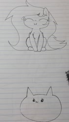 Size: 1080x1920 | Tagged: safe, artist:wafflecakes, oc, oc only, bat pony, pony, blob pony, chest fluff, drawpile, eyes closed, fangs, lined paper, monochrome, sitting, smiling, traditional art