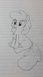 Size: 1080x1920 | Tagged: safe, artist:wafflecakes, berry punch, berryshine, pony, chest fluff, lined paper, monochrome, sitting, smiling, tongue out, traditional art