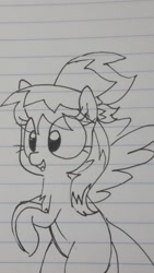 Size: 1080x1920 | Tagged: safe, artist:wafflecakes, cloudchaser, pegasus, pony, lined paper, monochrome, open mouth, raised hoof, smiling, spread wings, wings