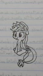 Size: 1080x1920 | Tagged: safe, artist:wafflecakes, applejack, earth pony, pony, hat, lined paper, monochrome, sitting, smiling, traditional art