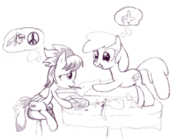 Size: 410x327 | Tagged: safe, artist:nukepone, cloudchaser, oc:wafflecakes, earth pony, pegasus, pony, flower, monochrome, mouth hold, simple background, smiling, table, thought bubble, vase