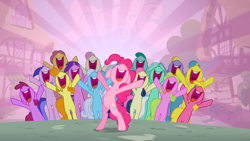 Size: 1280x720 | Tagged: safe, imported from derpibooru, screencap, pinkie pie, earth pony, pony, unicorn, a friend in deed, background pony, bipedal, female, happy, male, mare, nose in the air, open mouth, sing-along, singing, smile song, so much pony, stallion, volumetric mouth