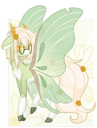 Size: 1280x1677 | Tagged: safe, artist:shizow, imported from derpibooru, oc, oc only, oc:lunar, pony, butterfly wings, chest fluff, coat markings, colored ears, colored hooves, colored pupils, facial markings, feather in hair, flower, flower in hair, glasses, pale belly, snip (coat marking), socks (coat markings), solo, wings