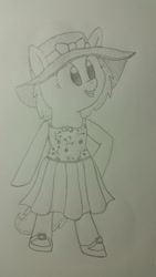 Size: 1080x1920 | Tagged: safe, artist:wafflecakes, oc, oc only, pony, bipedal, clothes, dress, hat, monochrome, open mouth, simple background, smiling, traditional art