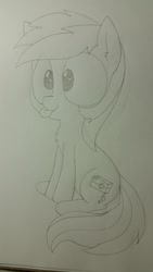 Size: 1080x1920 | Tagged: safe, artist:wafflecakes, oc, oc only, earth pony, pony, chest fluff, monochrome, simple background, sitting, smiling, tongue out, traditional art