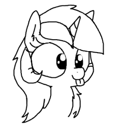 Size: 260x262 | Tagged: safe, artist:wafflecakes, lyra heartstrings, pony, unicorn, lowres, monochrome, simple background, smiling, tongue out