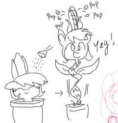 Size: 317x329 | Tagged: safe, artist:wafflecakes, oc, oc only, original species, plant pony, pony, corn, eyes closed, food, lowres, monochrome, open mouth, plant, pot, simple background, smiling, water, watering can