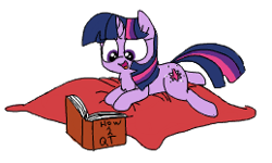 Size: 259x155 | Tagged: safe, artist:wafflecakes, twilight sparkle, pony, unicorn, book, lowres, lying down, open mouth, pillow, reading, simple background, smiling, transparent background, unicorn twilight