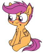 Size: 138x172 | Tagged: safe, artist:wafflecakes, scootaloo, pegasus, pony, blushing, lowres, simple background, sitting, smiling, sweat, sweating profusely, white background