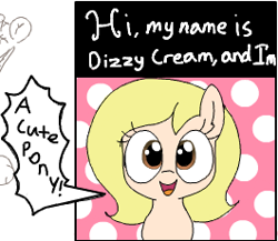 Size: 265x230 | Tagged: safe, artist:wafflecakes, oc, oc only, oc:dizzy cream, earth pony, pony, dialogue, lowres, open mouth, smiling
